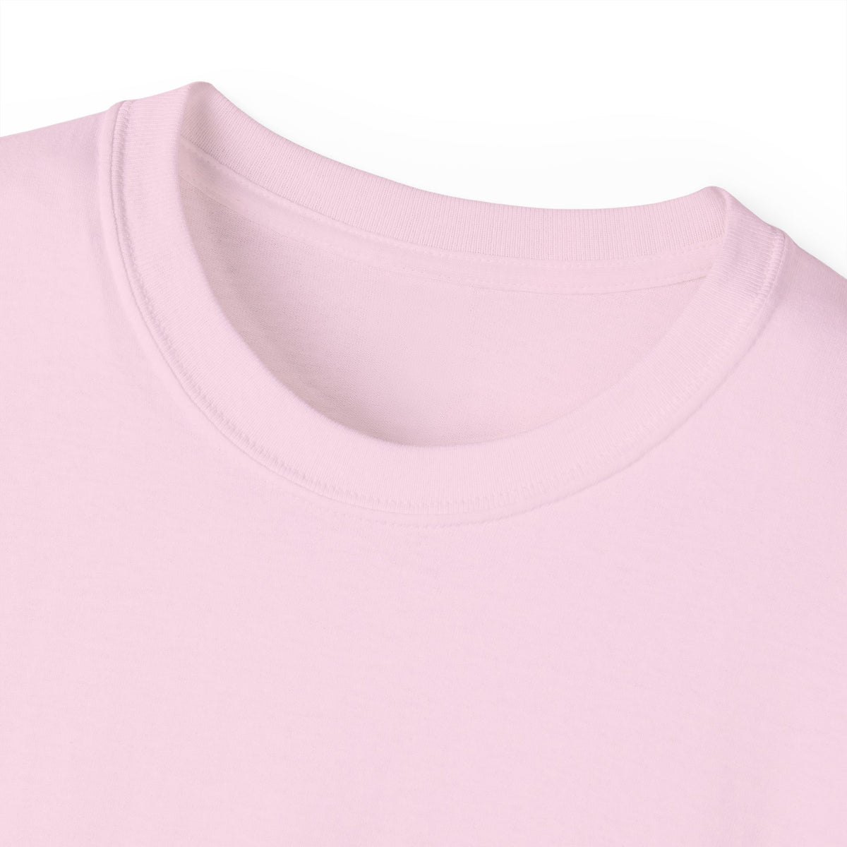 Close-up neckline detail of pink I Hate Small Talk graphic T-shirt.