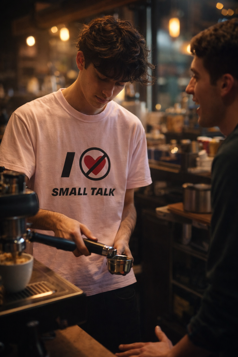 Male model wearing the I Hate Small Talk graphic T-shirt in a café setting.