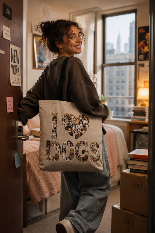 Gen Z college student carrying the I Love Dogs woven tote bag while entering a New York City dorm room