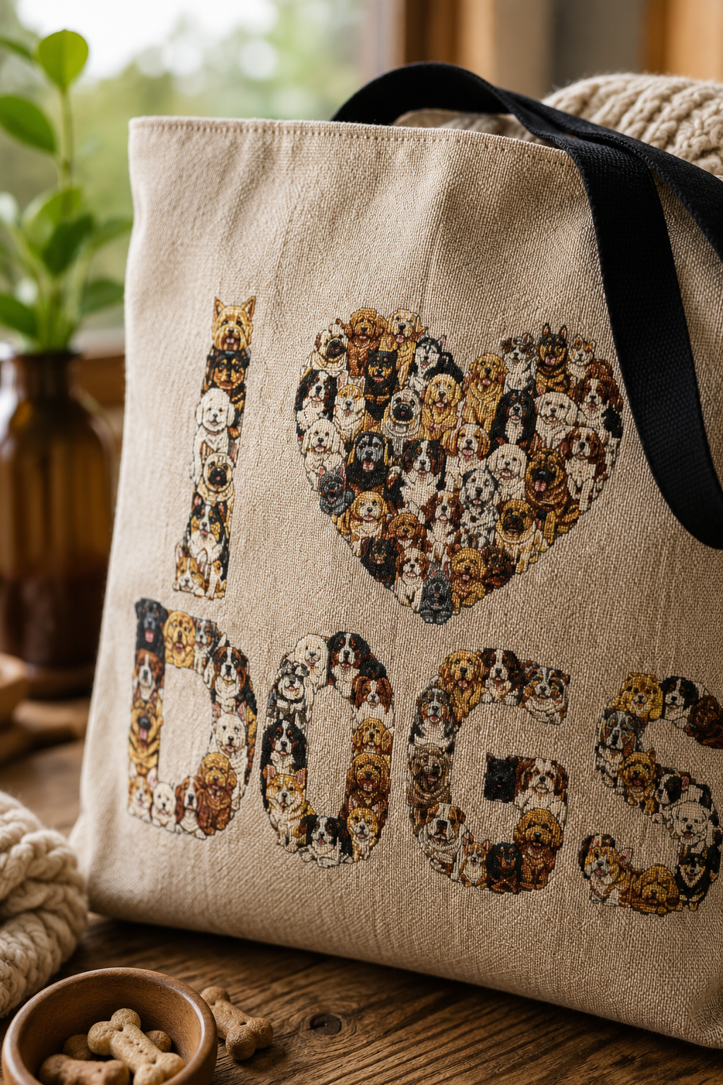 Close-up of the I Love Dogs woven tote bag showing its textured fabric, black cotton straps and illustrated dog design