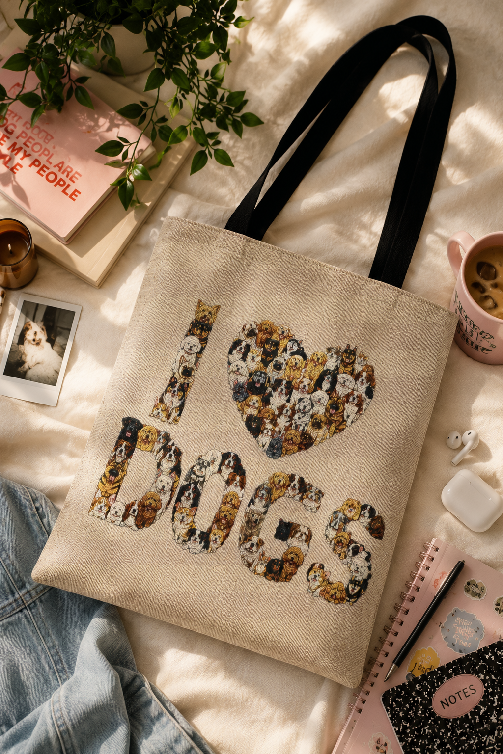I Love Dogs woven tote bag styled in a youthful flat lay with notebooks, earbuds, iced coffee and college accessories