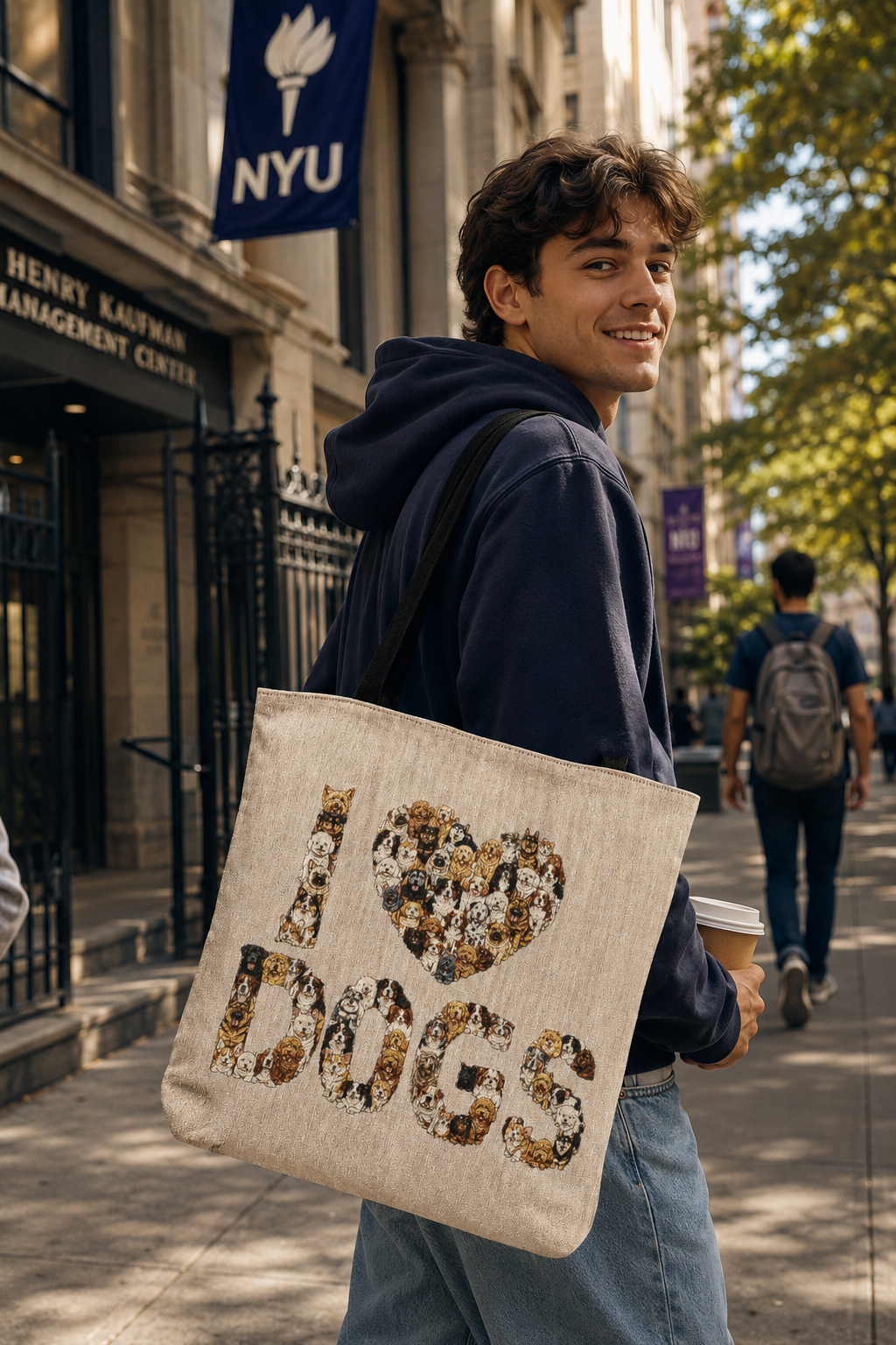Male Gen Z college student carrying the I Love Dogs woven tote bag while walking to class in New York City