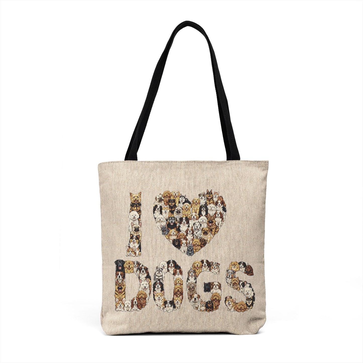 I Love Dogs woven tote bag featuring a beige woven body, black cotton shoulder straps and illustrated dog design