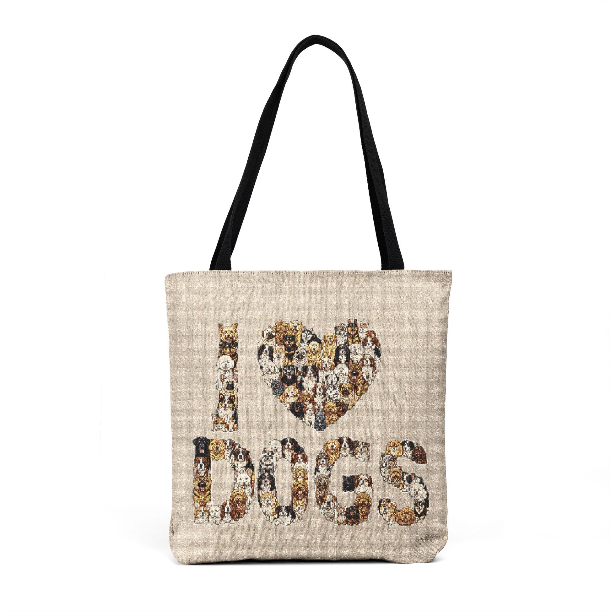 I Love Dogs woven tote bag featuring a beige woven body, black cotton shoulder straps and illustrated dog design
