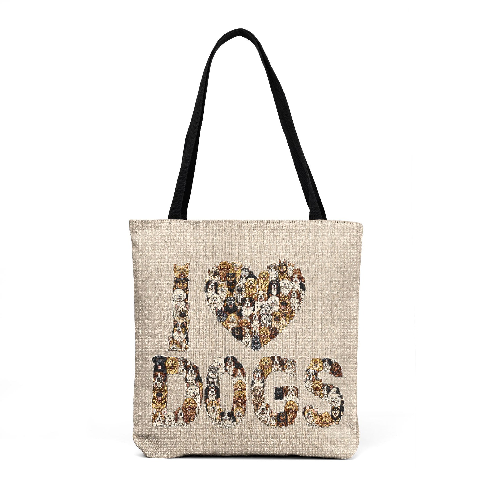 Front view of the I Love Dogs woven tote bag with black shoulder straps and dog portrait artwork