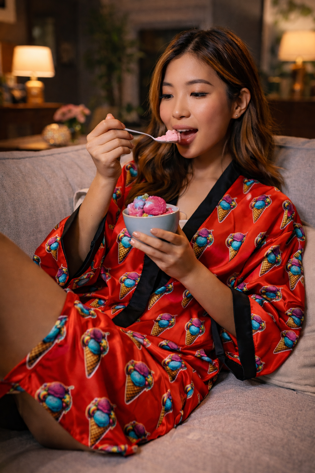 Woman wearing Scoop Dreams ice cream print kimono robe while eating ice cream