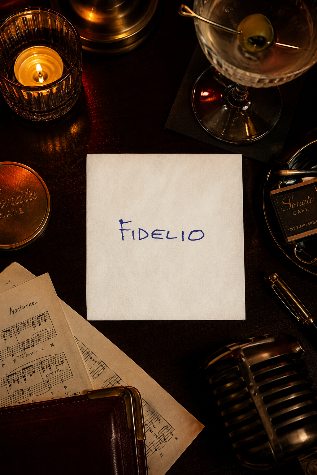 Fidelio beverage napkin in a cinematic Sonata Café-inspired setting with candle, cocktail and sheet music