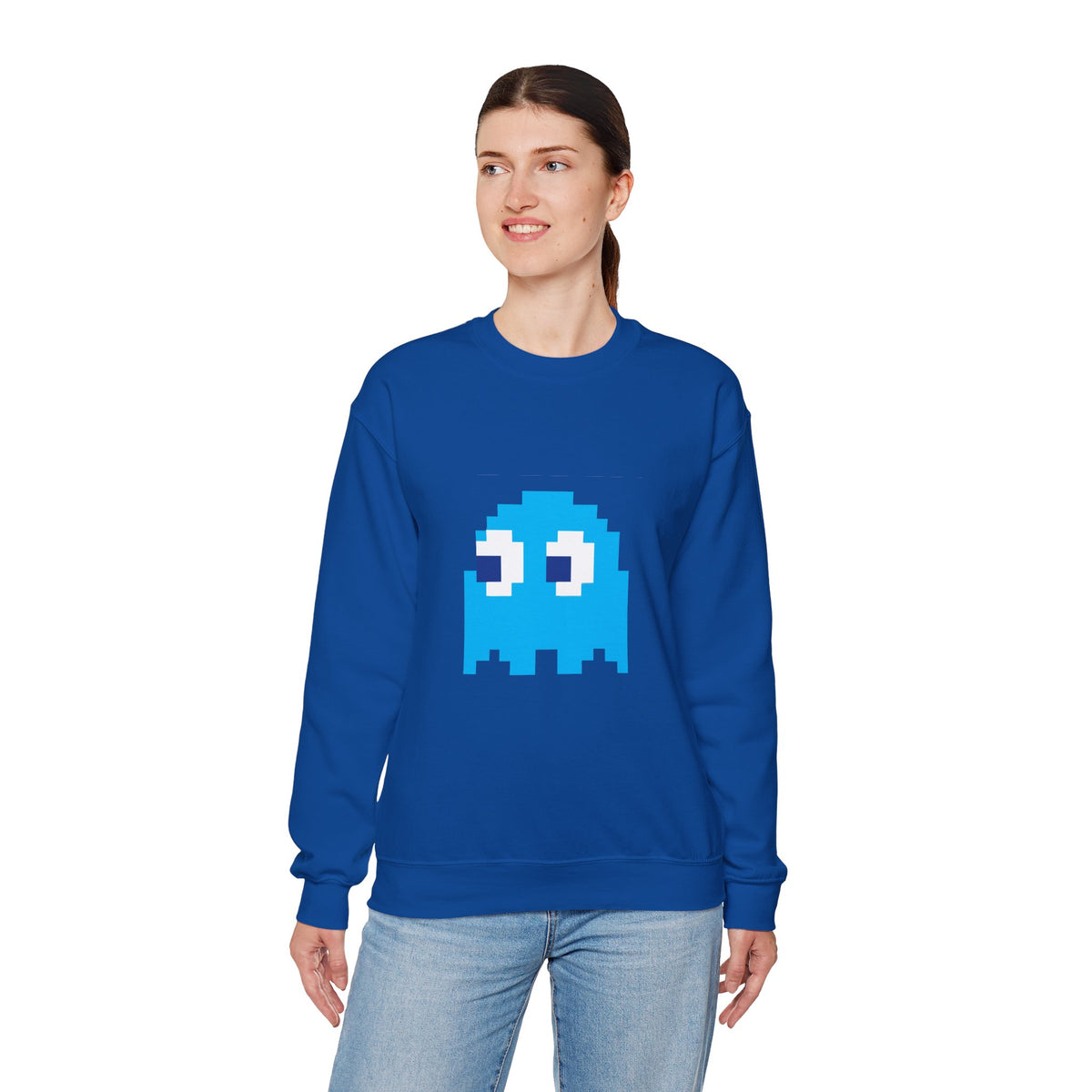 Woman modeling blue Inky Ghost Pac-Man gaming sweatshirt