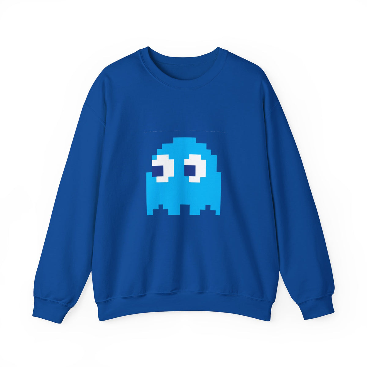 Blue Inky Ghost Pac-Man pixel gaming sweatshirt front view