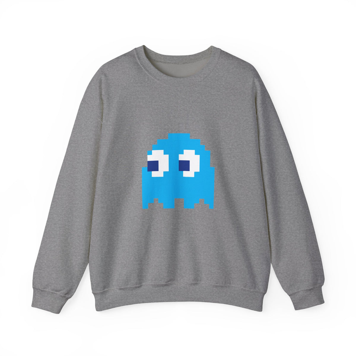 Gray sweatshirt with a blue pixelated ghost design on a white background