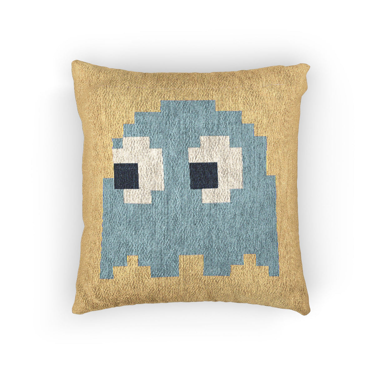 Inky Pac-Man ghost retro gaming woven throw pillow with textured blue pixel artwork