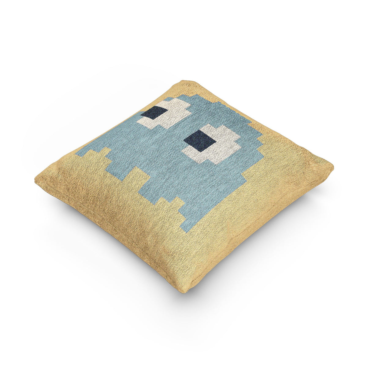 Angled view of Inky Pac-Man ghost woven throw pillow showing textured woven threads