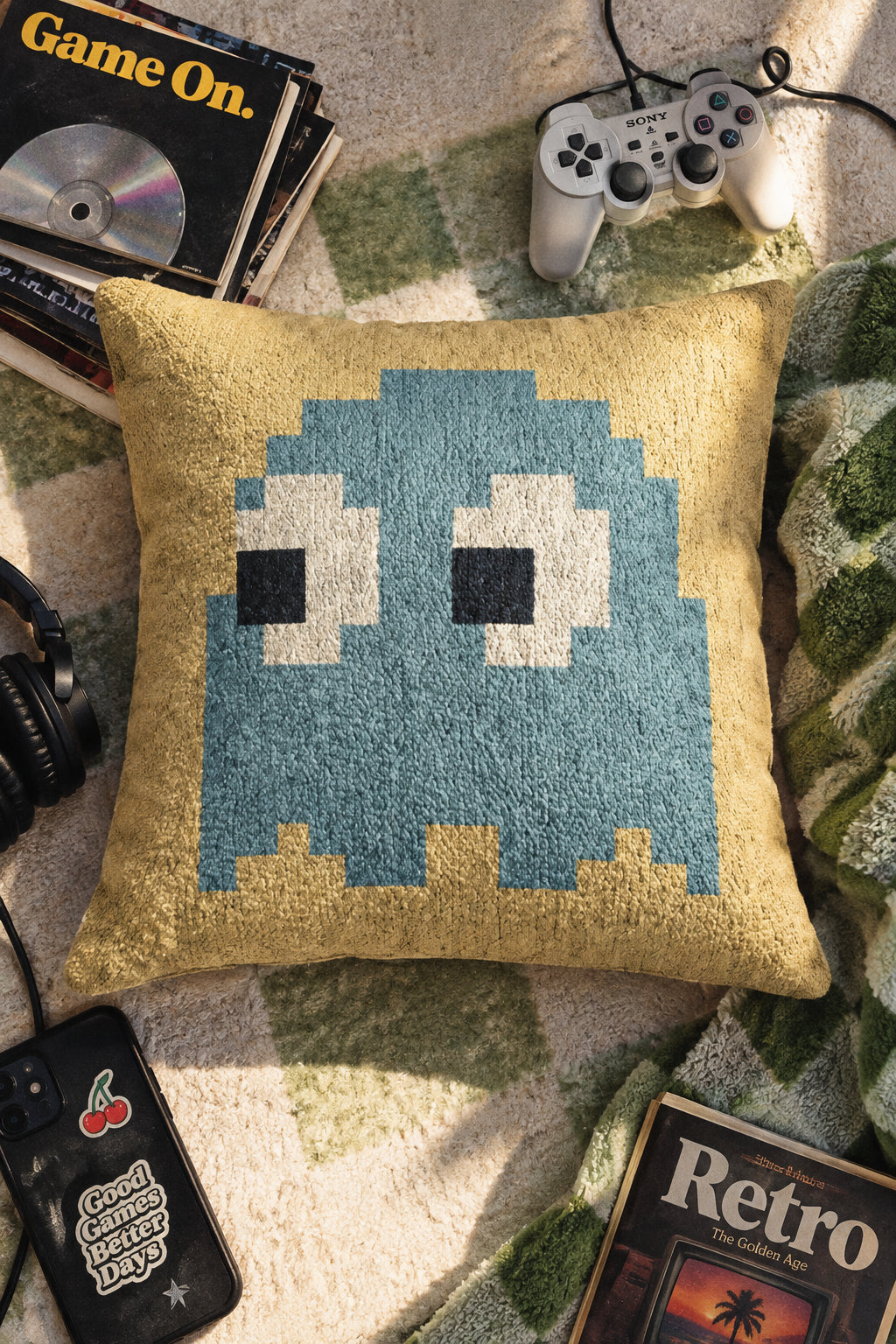 nky Pac-Man ghost woven throw pillow styled in a retro gaming flat lay with controller, headphones and vintage game decor
