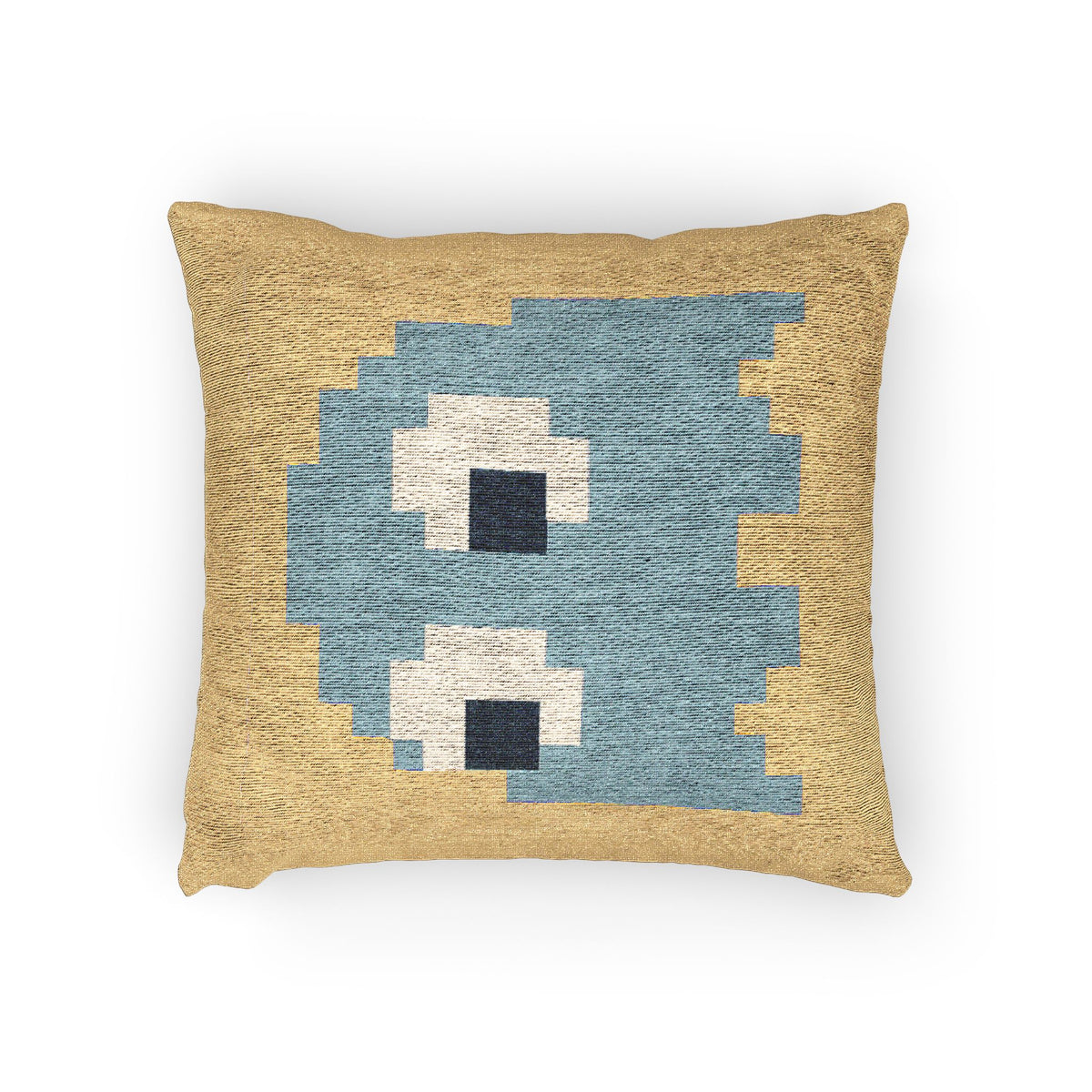 Reverse side of Inky Pac-Man ghost woven pillow with retro pixel gaming design