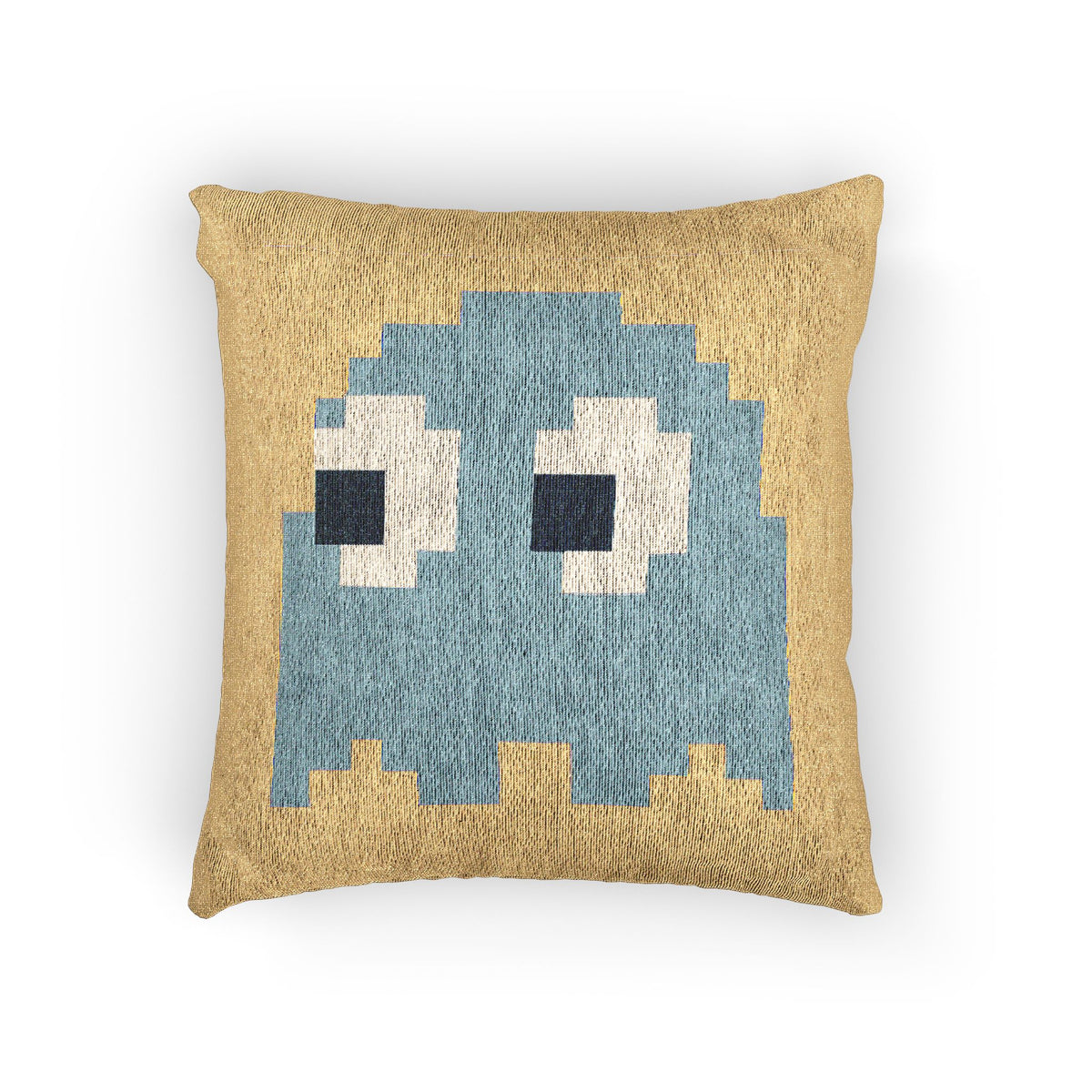 Front view of Inky Pac-Man ghost woven throw pillow in blue and gold