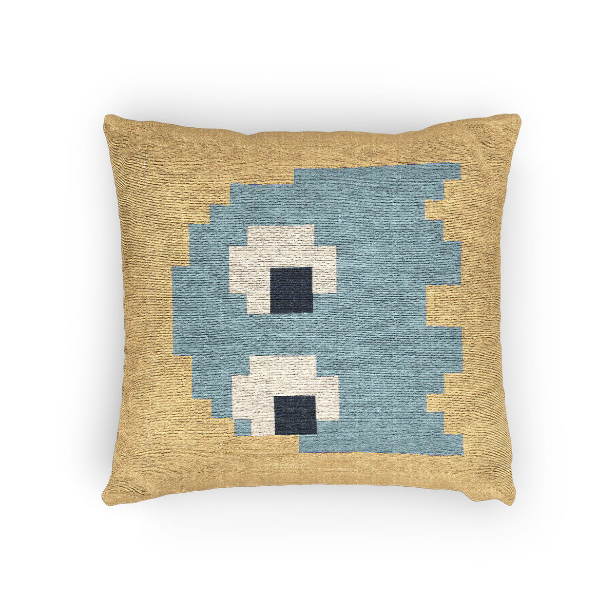 Inky Pac-Man woven throw pillow with retro arcade pixel design and gold background