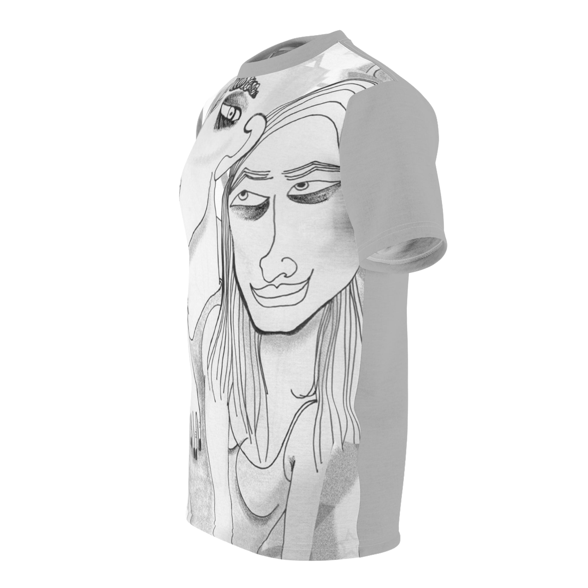 Angled product view of the Into The Night Original Art T-Shirt with original artwork by NYC artist @socialtantrum