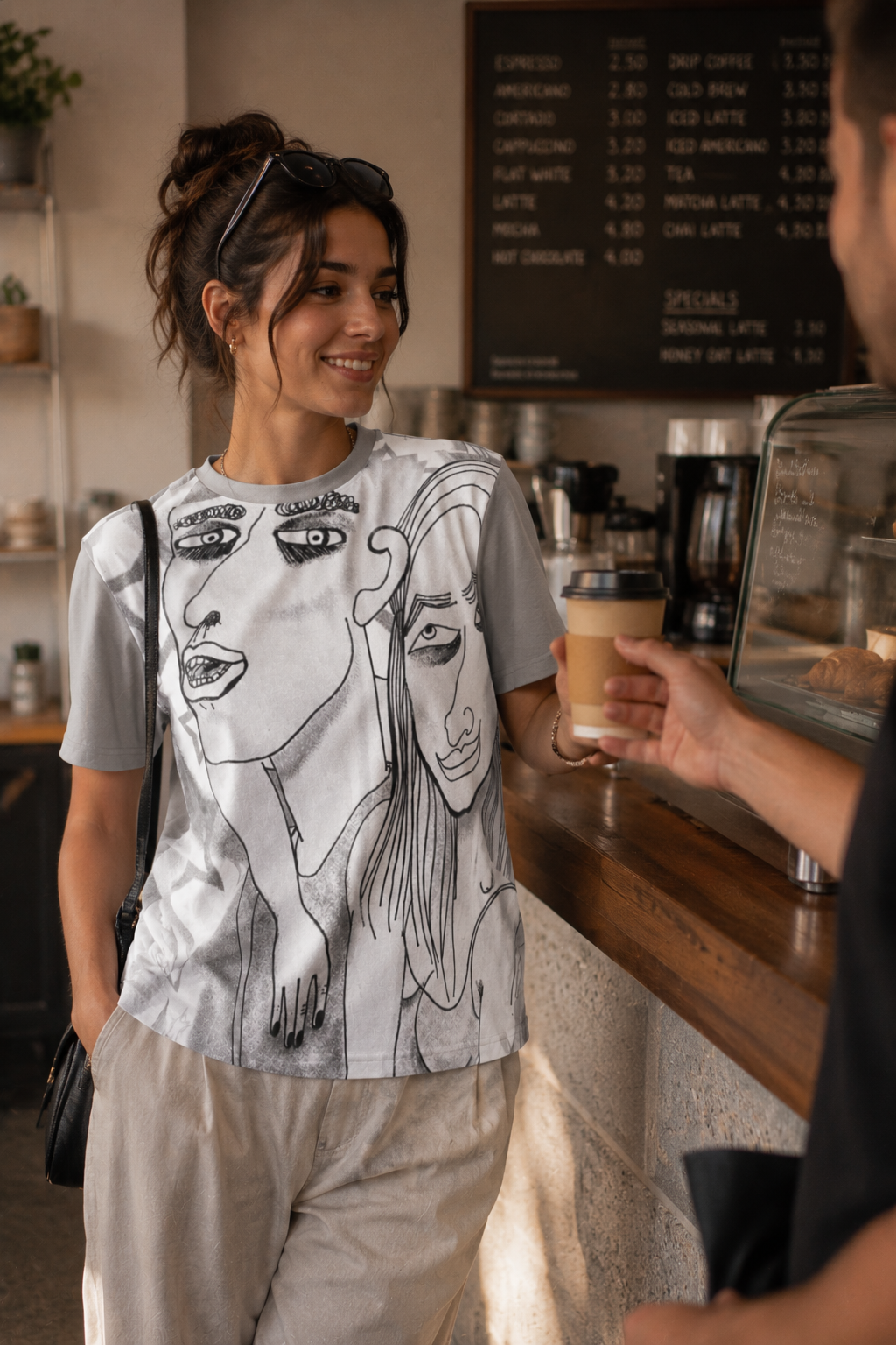 Woman wearing the Into The Night Original Art T-Shirt in a cozy coffee shop setting