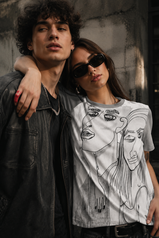 Woman wearing the Into The Night Original Art T-Shirt featuring exclusive hand-drawn artwork by NYC artist @socialtantrum