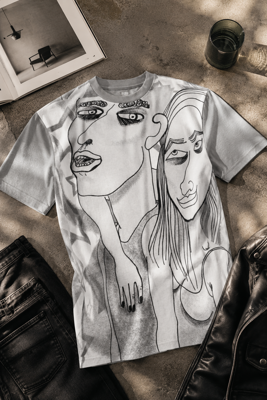 Fashion flat lay of the Into The Night Original Art T-Shirt from the Sketchbook Collection