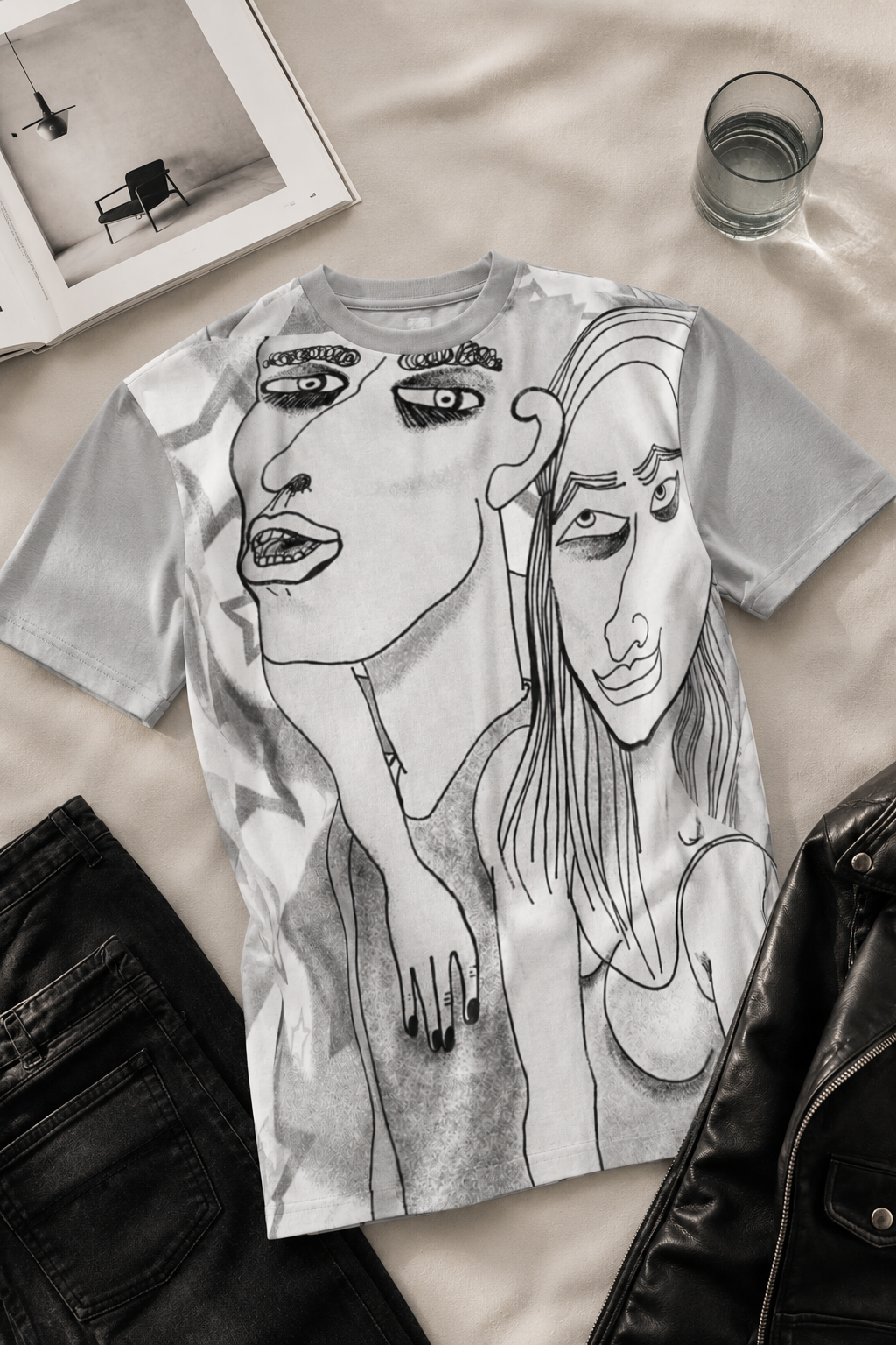 Editorial flat lay of the Into The Night Original Art T-Shirt featuring original hand-drawn artwork from the Sketchbook Collection