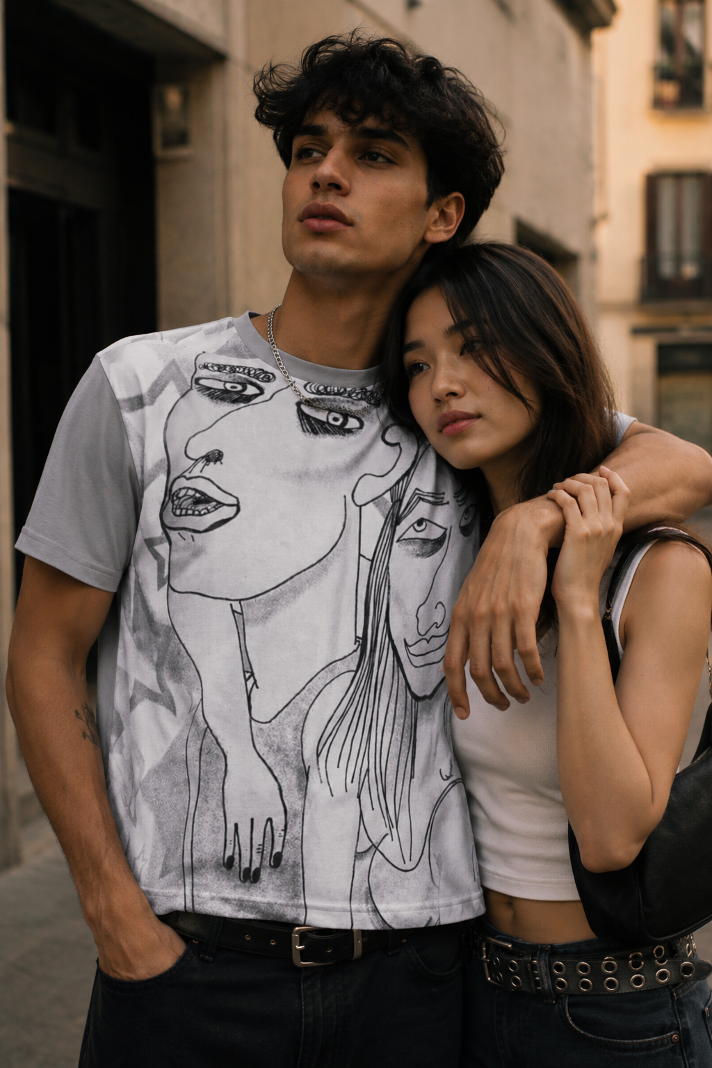 Male model wearing the Into The Night Original Art T-Shirt featuring exclusive hand-drawn artwork