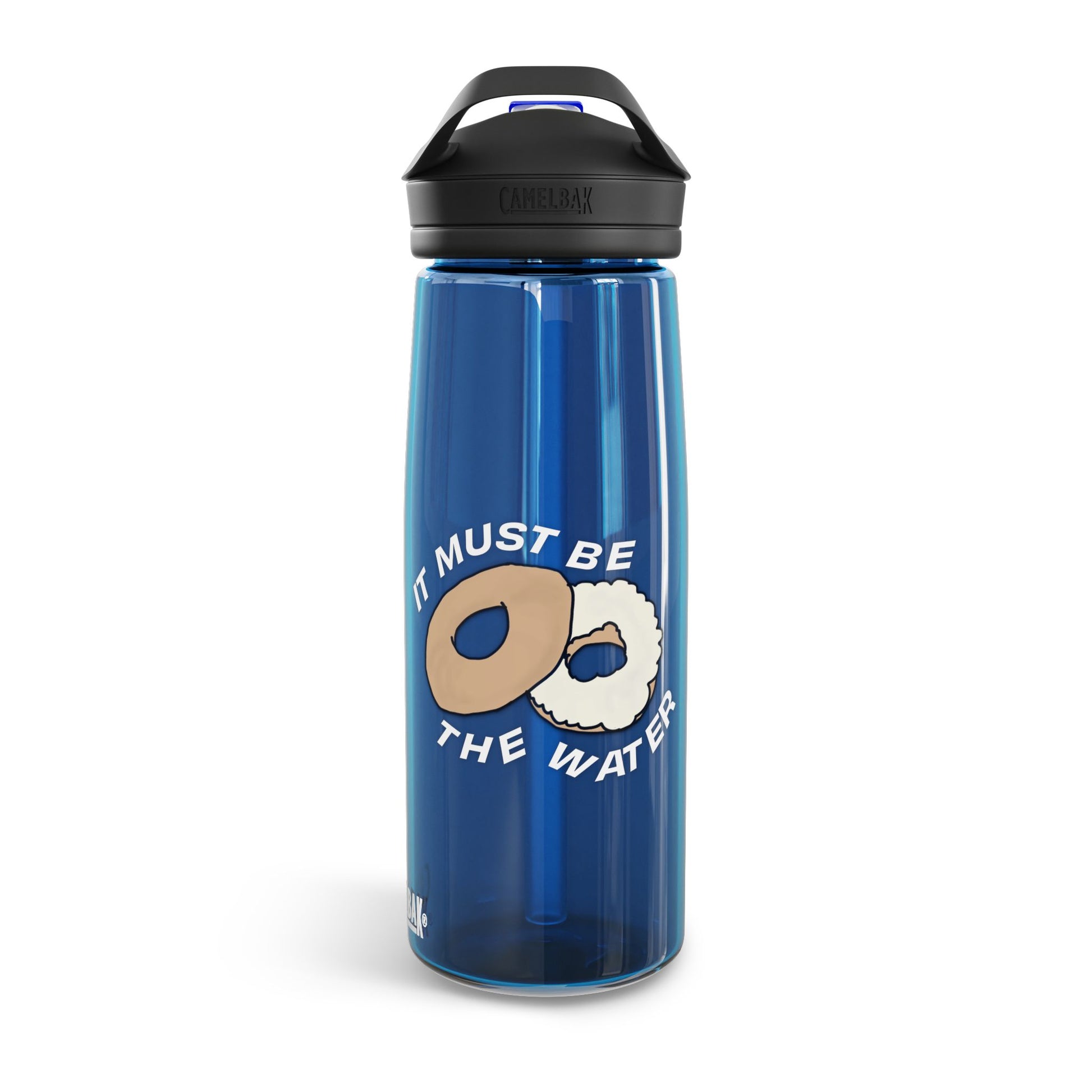 It Must Be The Water Bottle 25oz blue reusable water bottle with New York bagel humor donut design front view