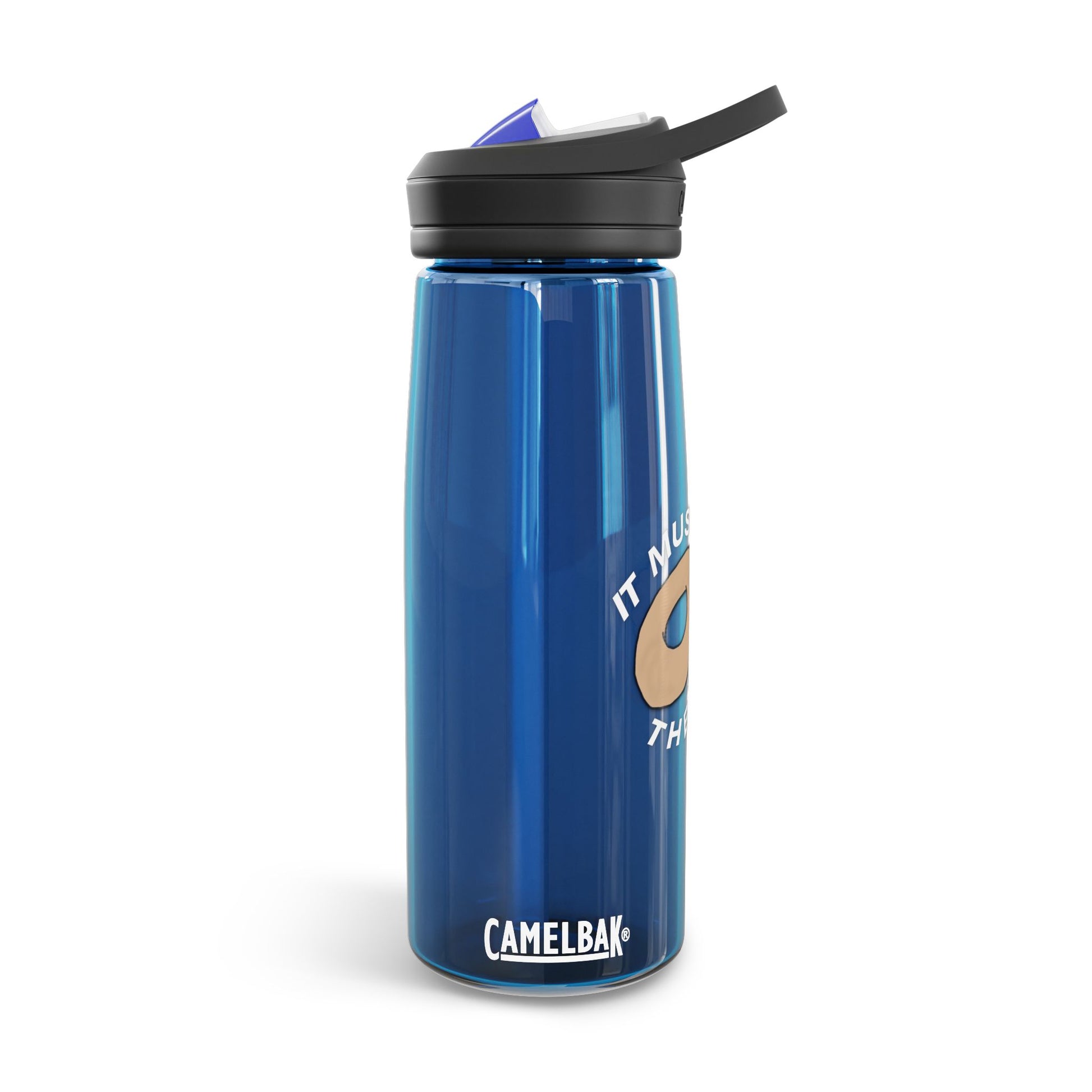 It Must Be The Water Bottle 25oz blue reusable water bottle back view with spill proof lid