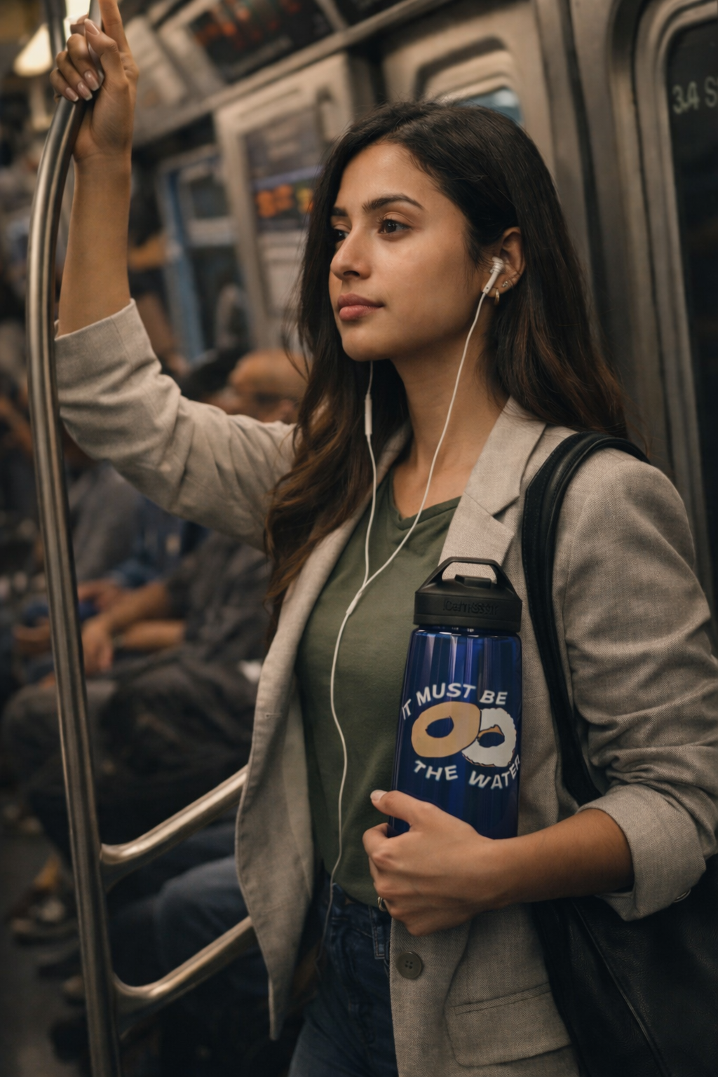 It Must Be The Water Bottle 25oz reusable water bottle with donut bagel humor design held by commuter in New York subway