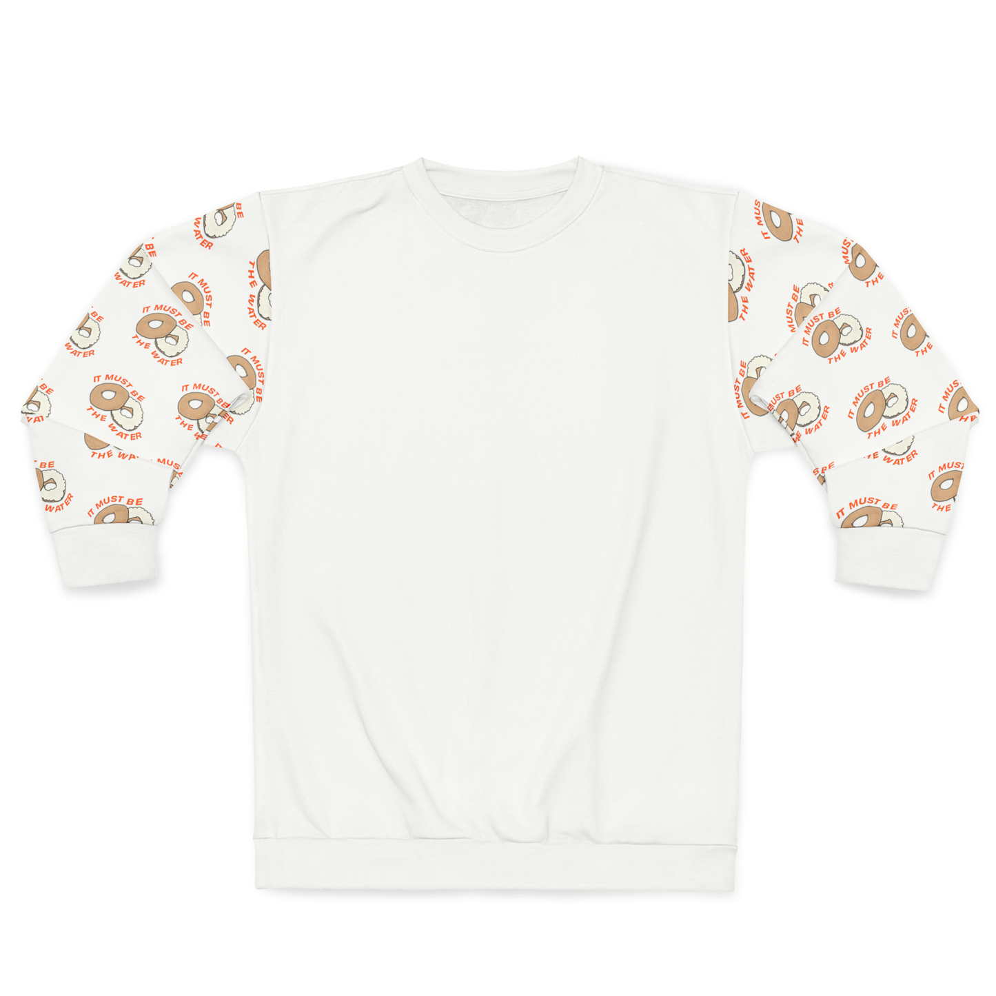 White It Must Be The Water crewneck sweatshirt with graphic sleeves front product image