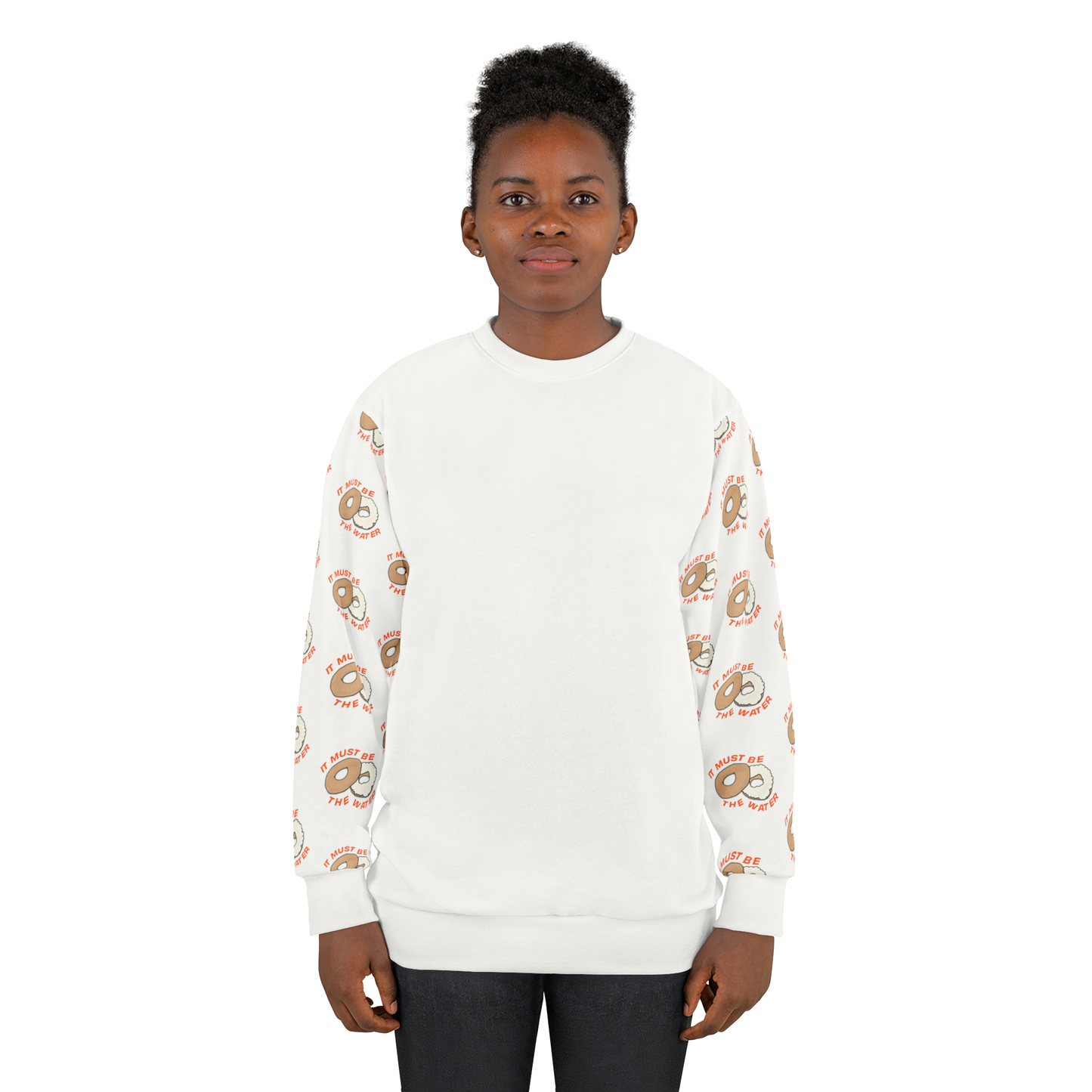 Model wearing white It Must Be The Water NYC crewneck sweatshirt studio portrait