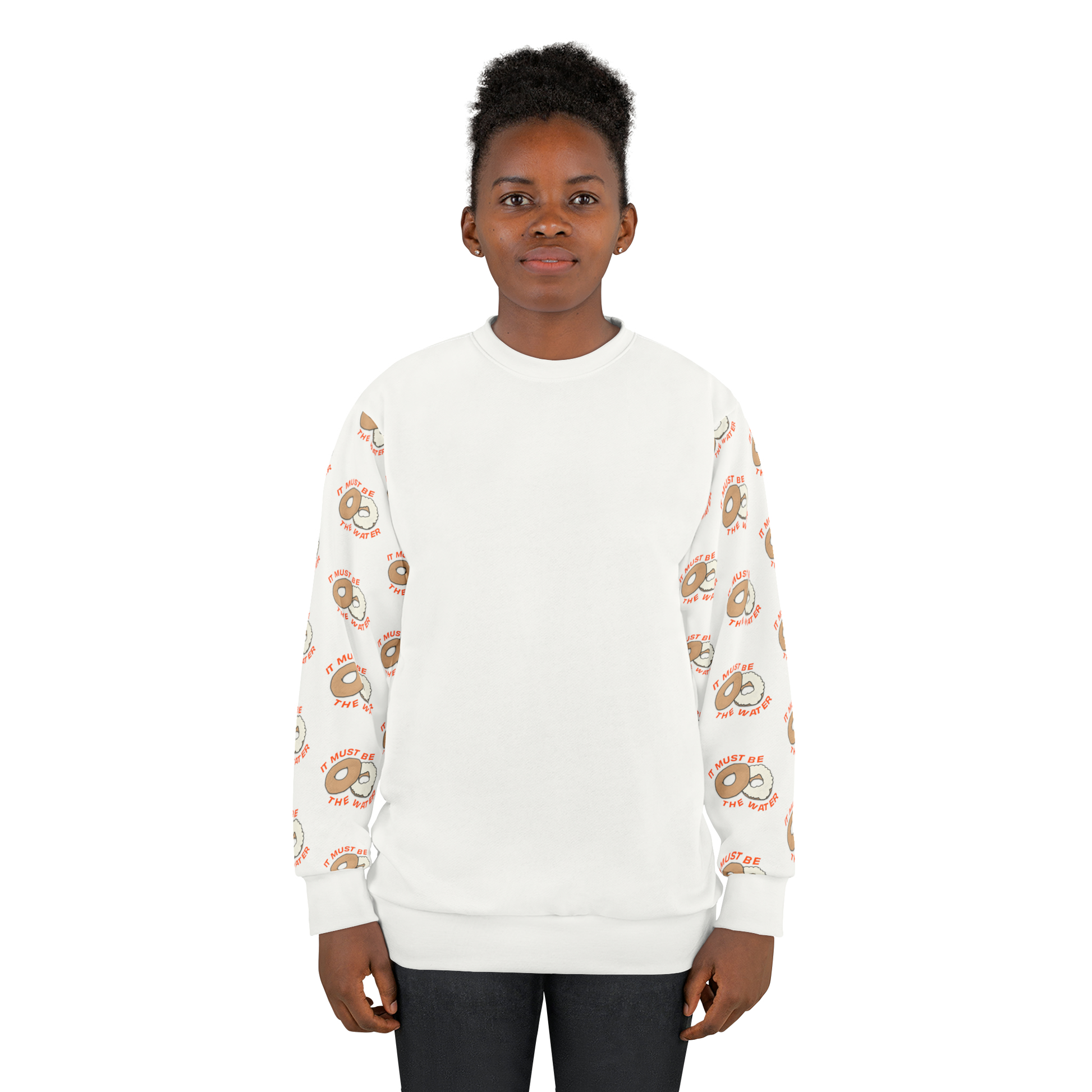 Model wearing white It Must Be The Water NYC crewneck sweatshirt studio portrait
