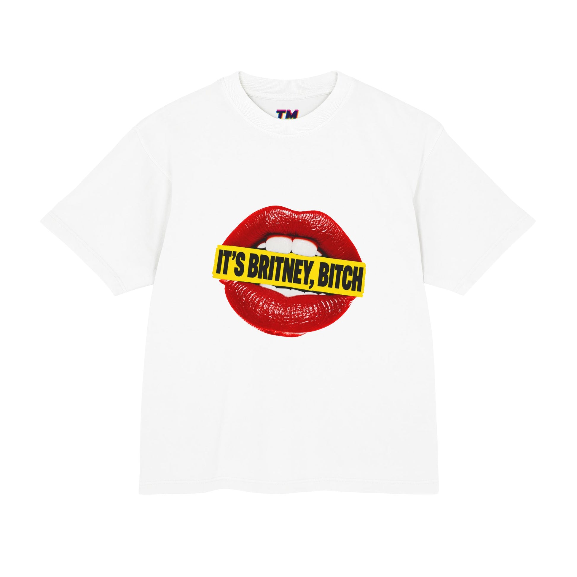 Front view of the white It’s Britney, Bitch graphic T-shirt with red lips and yellow statement print.