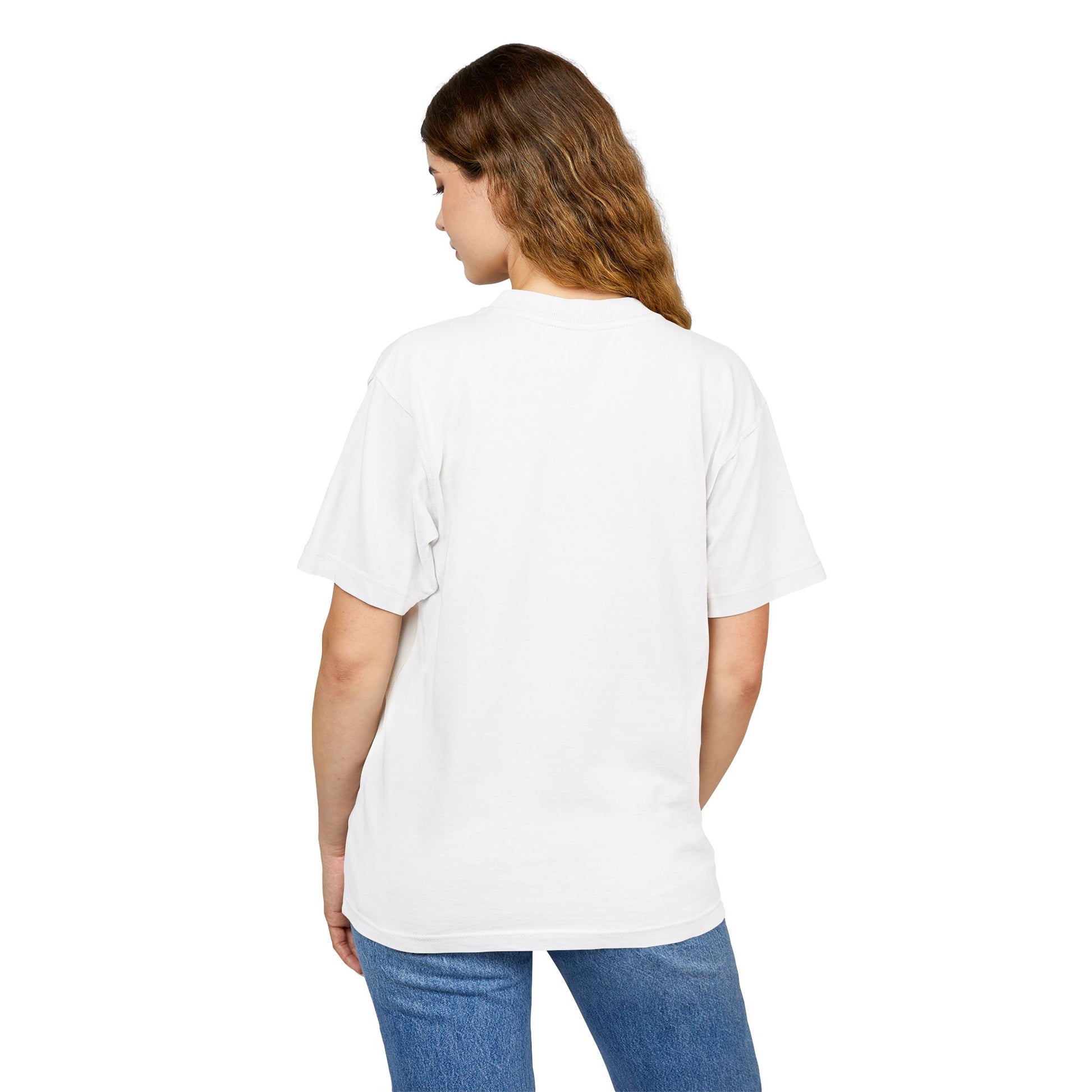 Female model showing the back of the white heavyweight unisex It’s Britney, Bitch T-shirt.