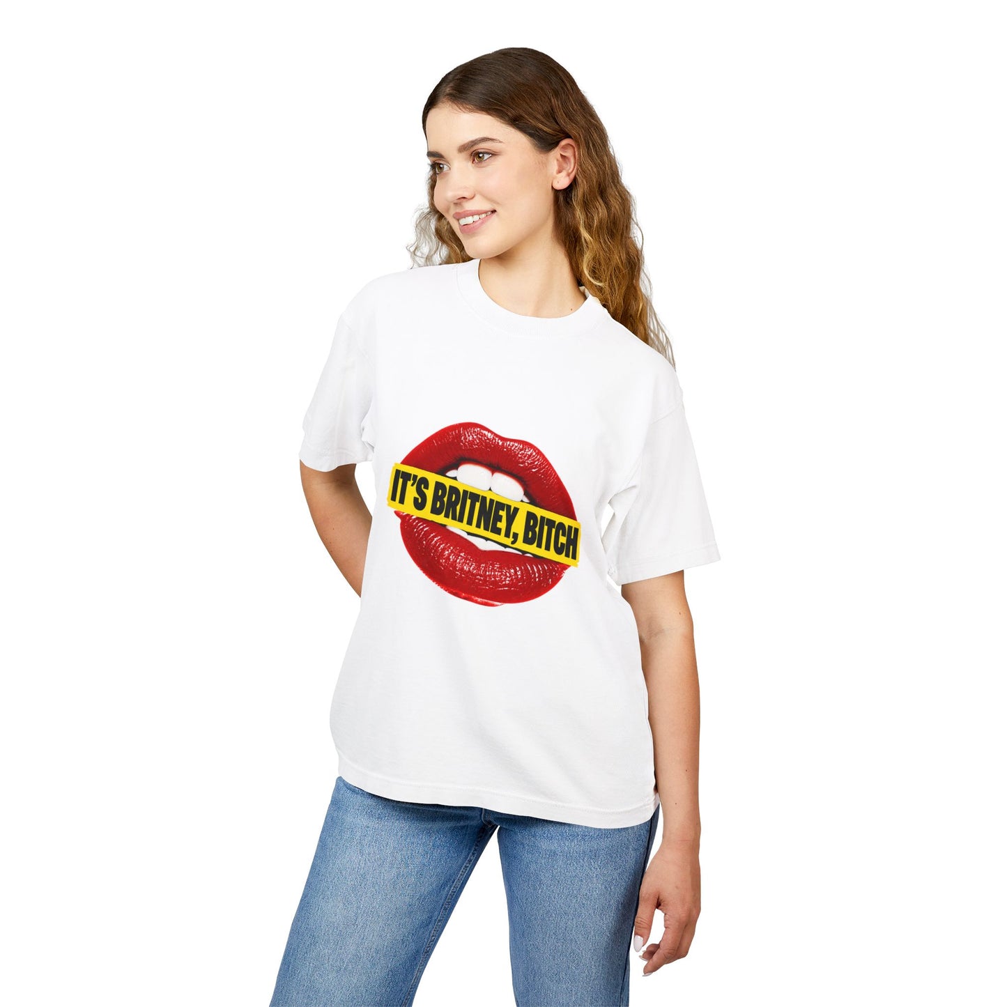 Female model wearing the white It’s Britney, Bitch Britney Spears inspired graphic T-shirt.