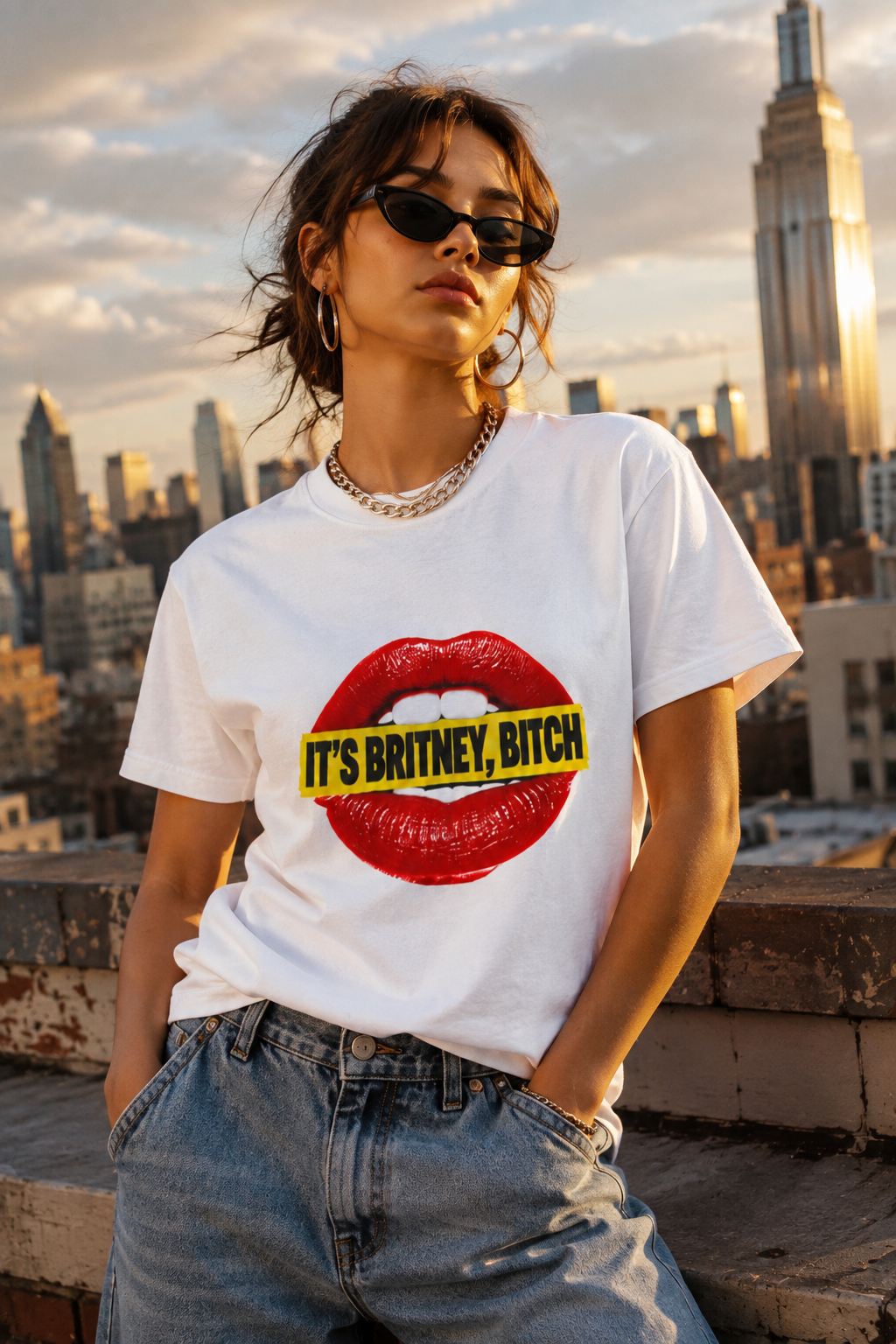 Gen Z woman wearing the white It’s Britney, Bitch Britney Spears homage T-shirt on a New York rooftop.