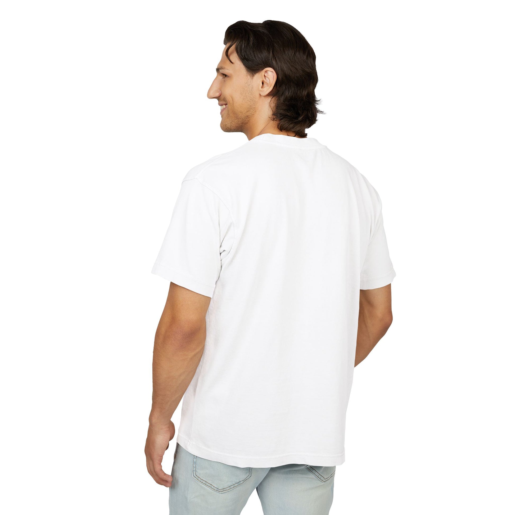 Male model showing the back of the white It’s Britney, Bitch heavyweight graphic T-shirt.