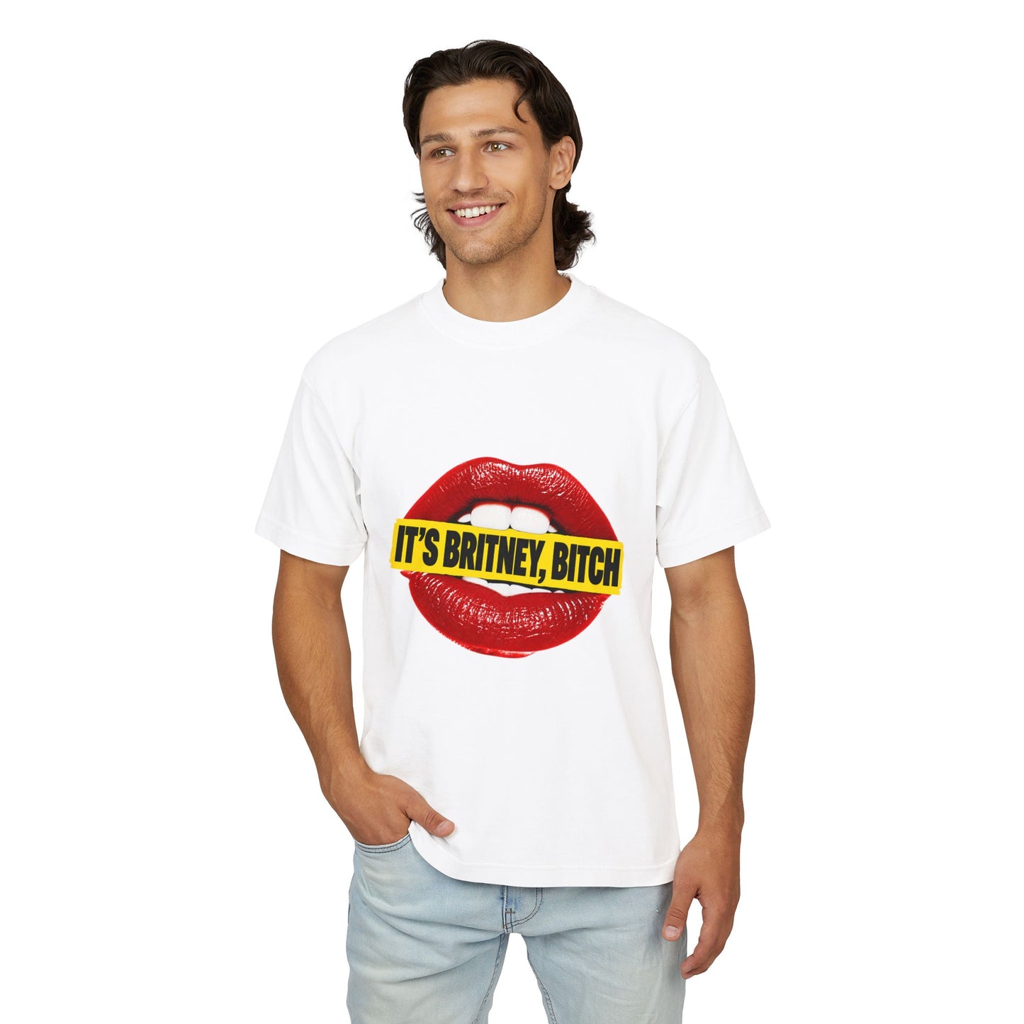 Male model wearing the white It’s Britney, Bitch Britney Spears homage graphic T-shirt.