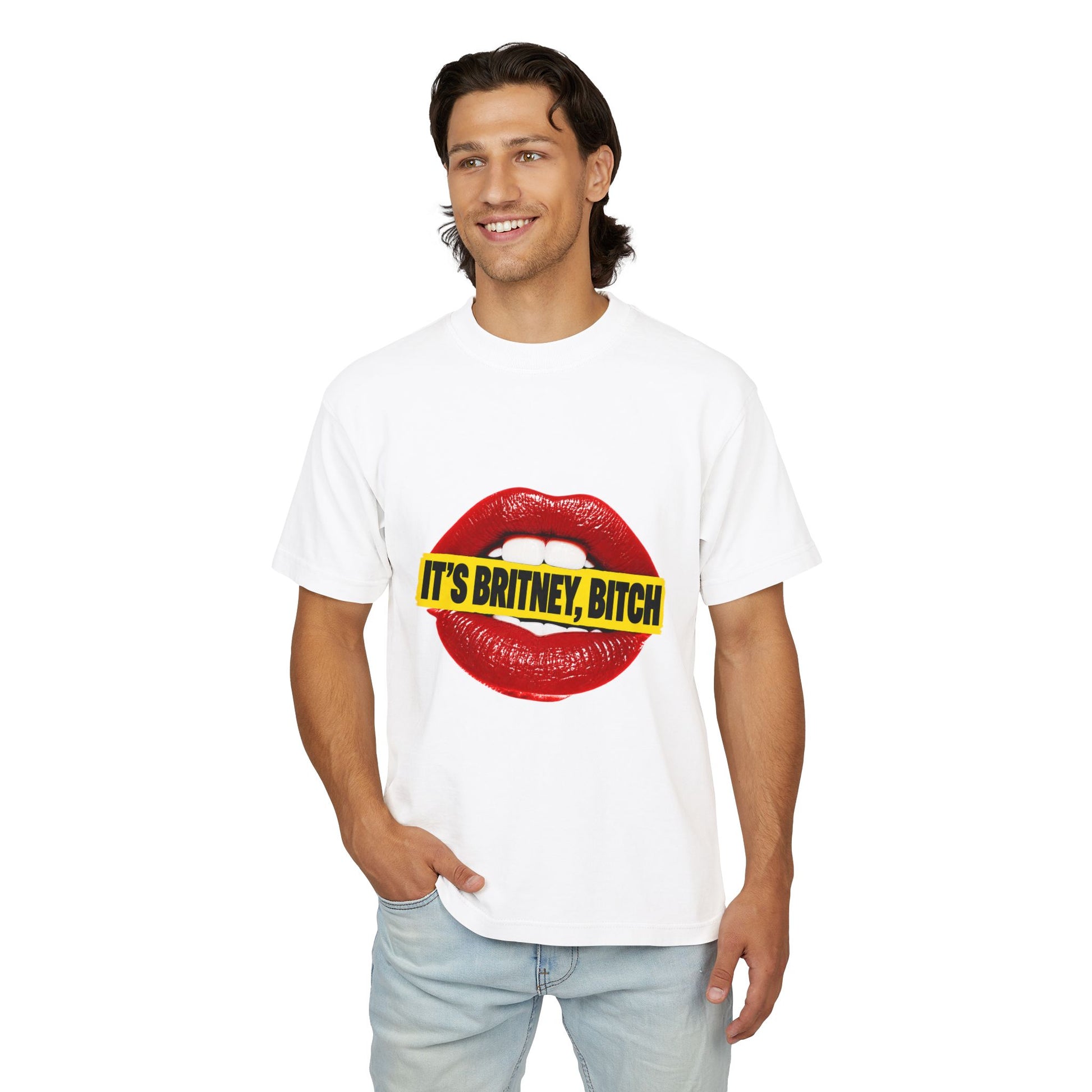 Male model wearing the white It’s Britney, Bitch Britney Spears homage graphic T-shirt.