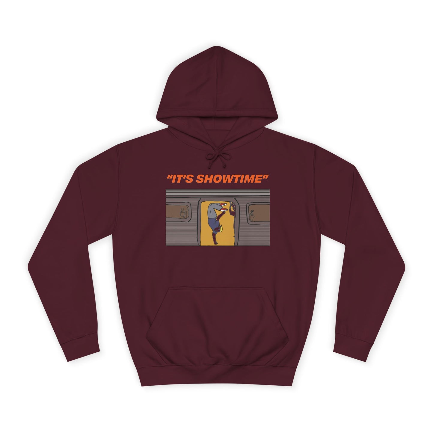 Burgundy It’s Showtime graphic hoodie with subway-inspired front artwork