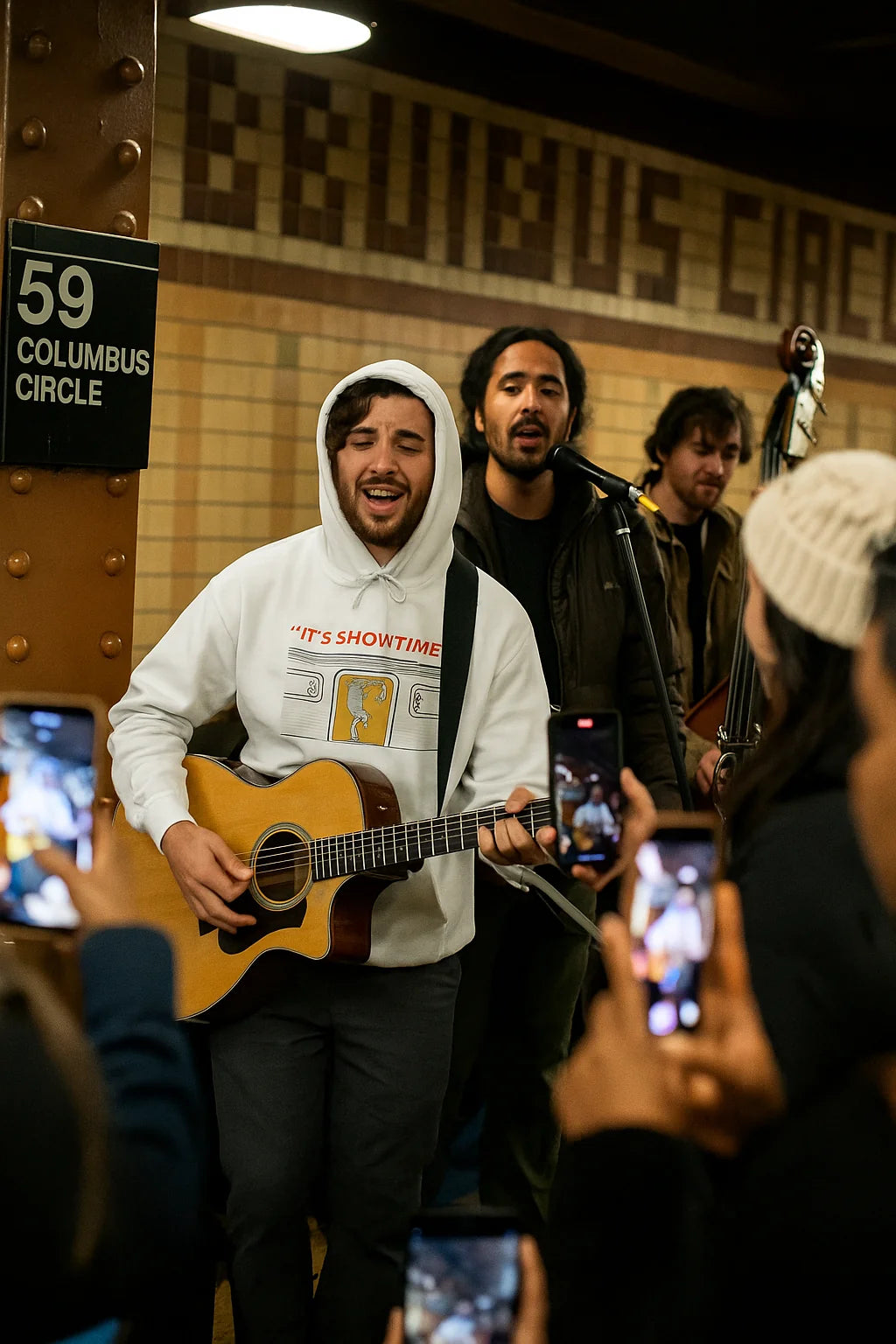 Gen Z man wearing the white It’s Showtime graphic hoodie during a live music performance at 59th Street Columbus Circle subway station in New York City