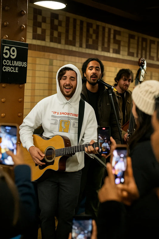 Gen Z man wearing the white It’s Showtime graphic hoodie during a live music performance at 59th Street Columbus Circle subway station in New York City