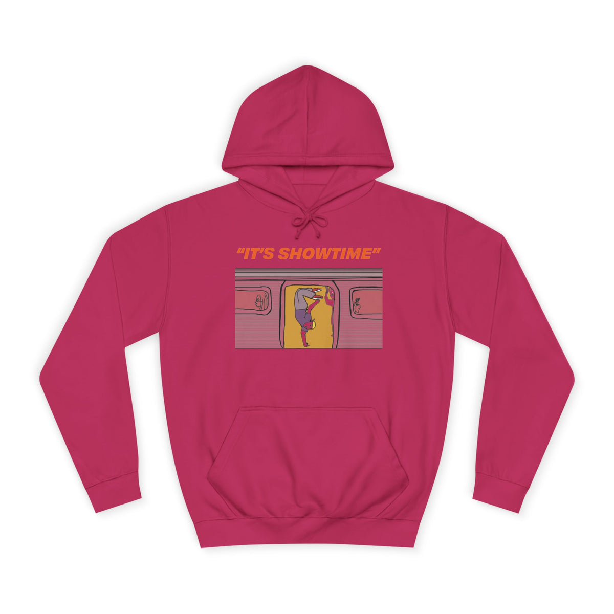 Hot pink It’s Showtime graphic hoodie with subway-inspired front artwork