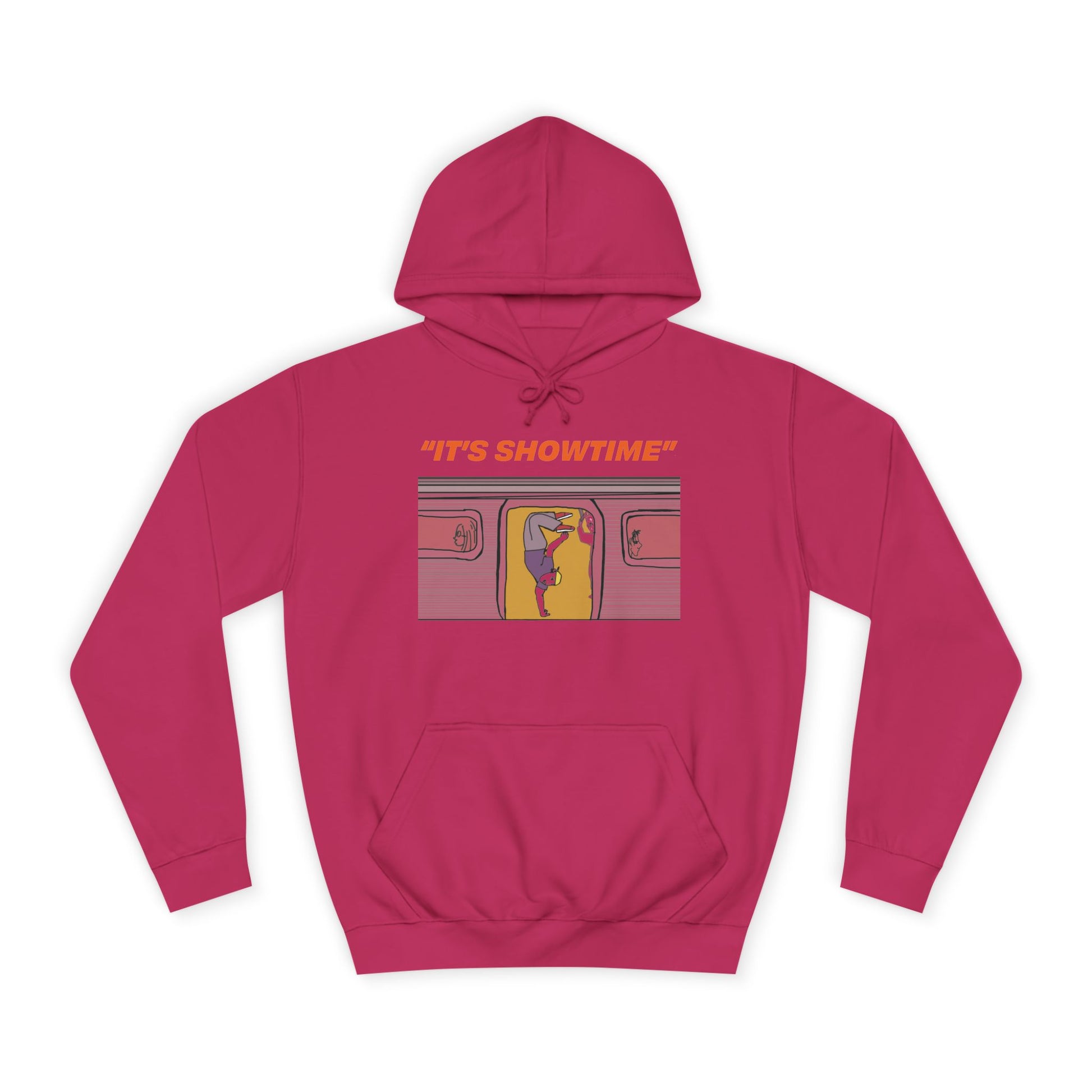 Hot pink It’s Showtime graphic hoodie with subway-inspired front artwork