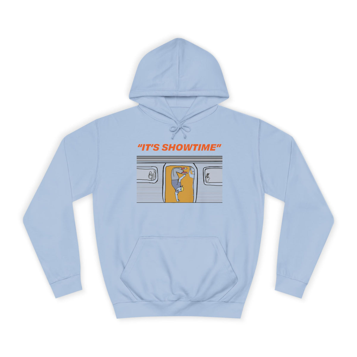 Light blue It’s Showtime graphic hoodie with subway-inspired front artwork
