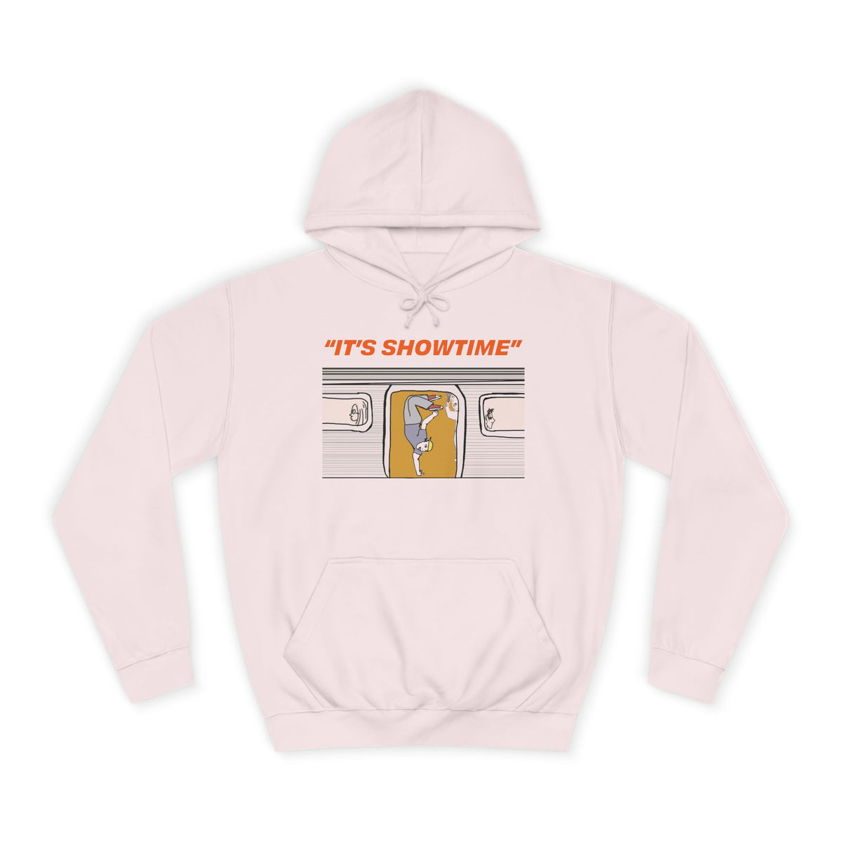 Light pink It’s Showtime graphic hoodie with subway-inspired front artwork