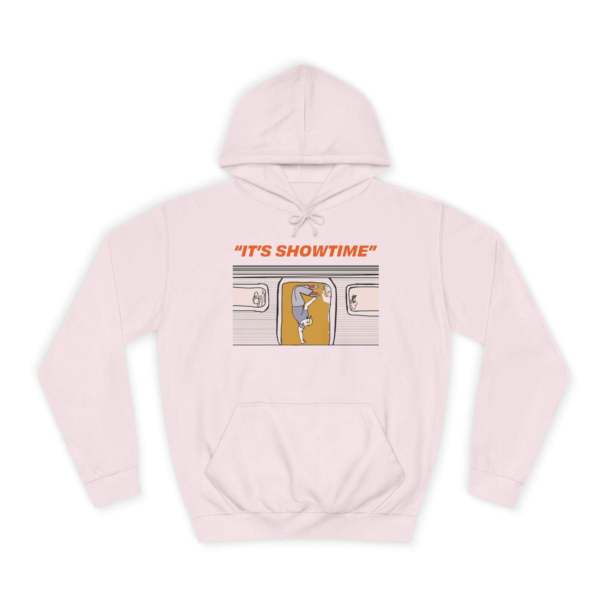Light pink It’s Showtime graphic hoodie with subway-inspired front artwork