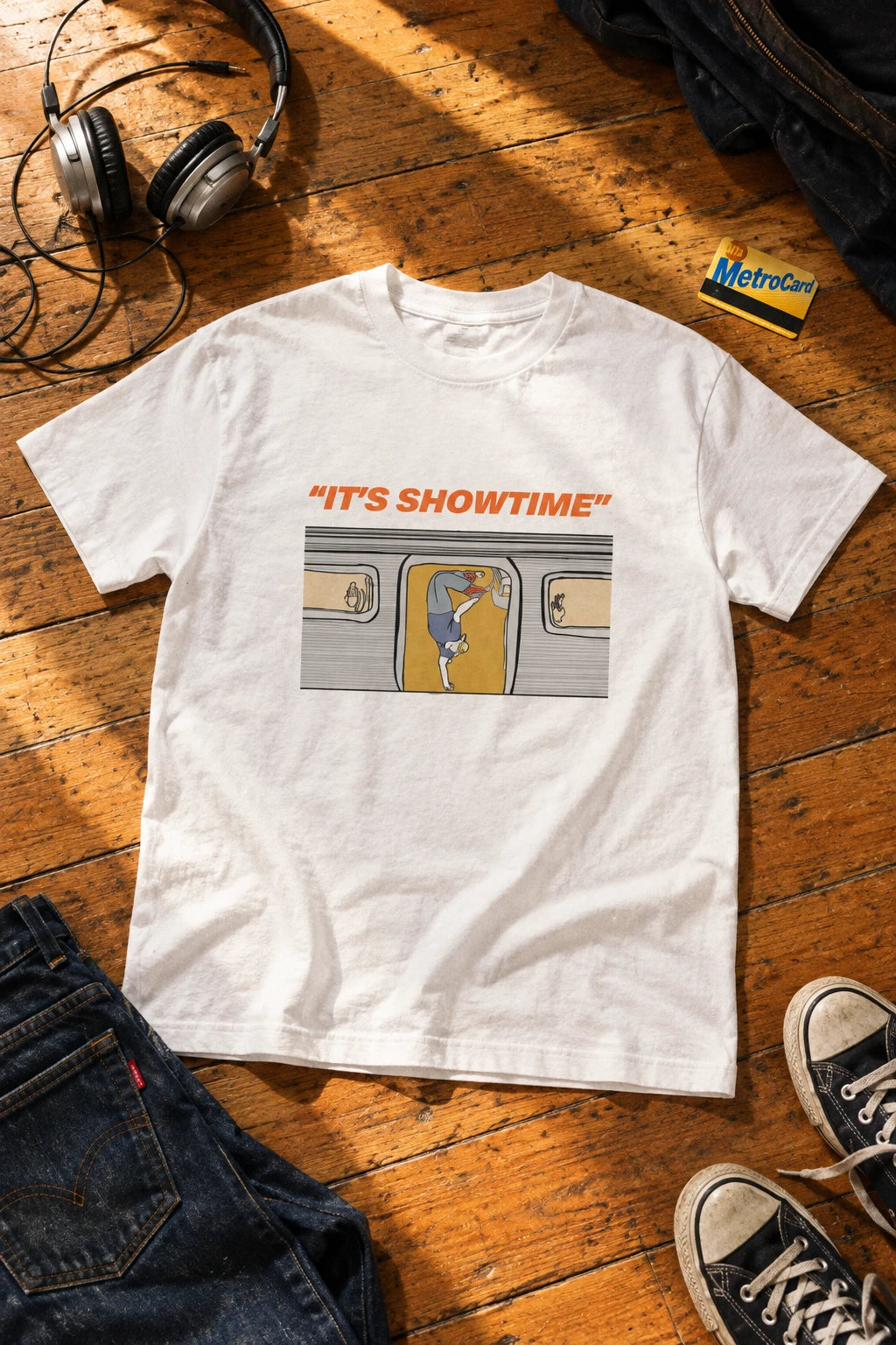 White It’s Showtime T-shirt with orange lettering and a subway dancer graphic laid flat on a wooden floor.