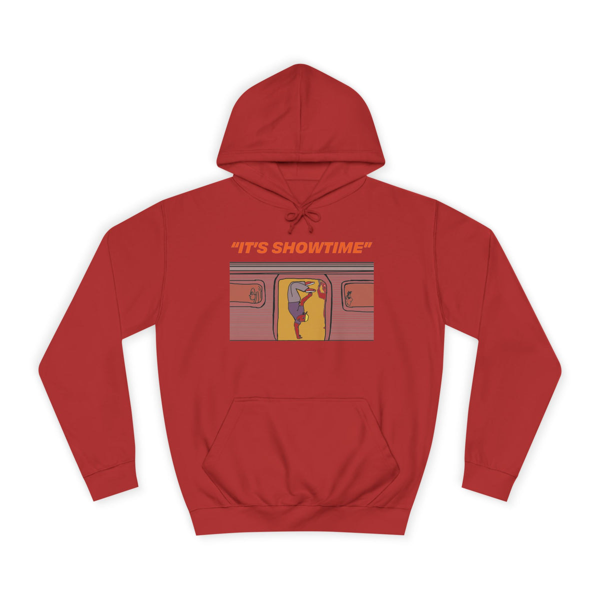 Red It’s Showtime graphic hoodie with subway-inspired front artwork