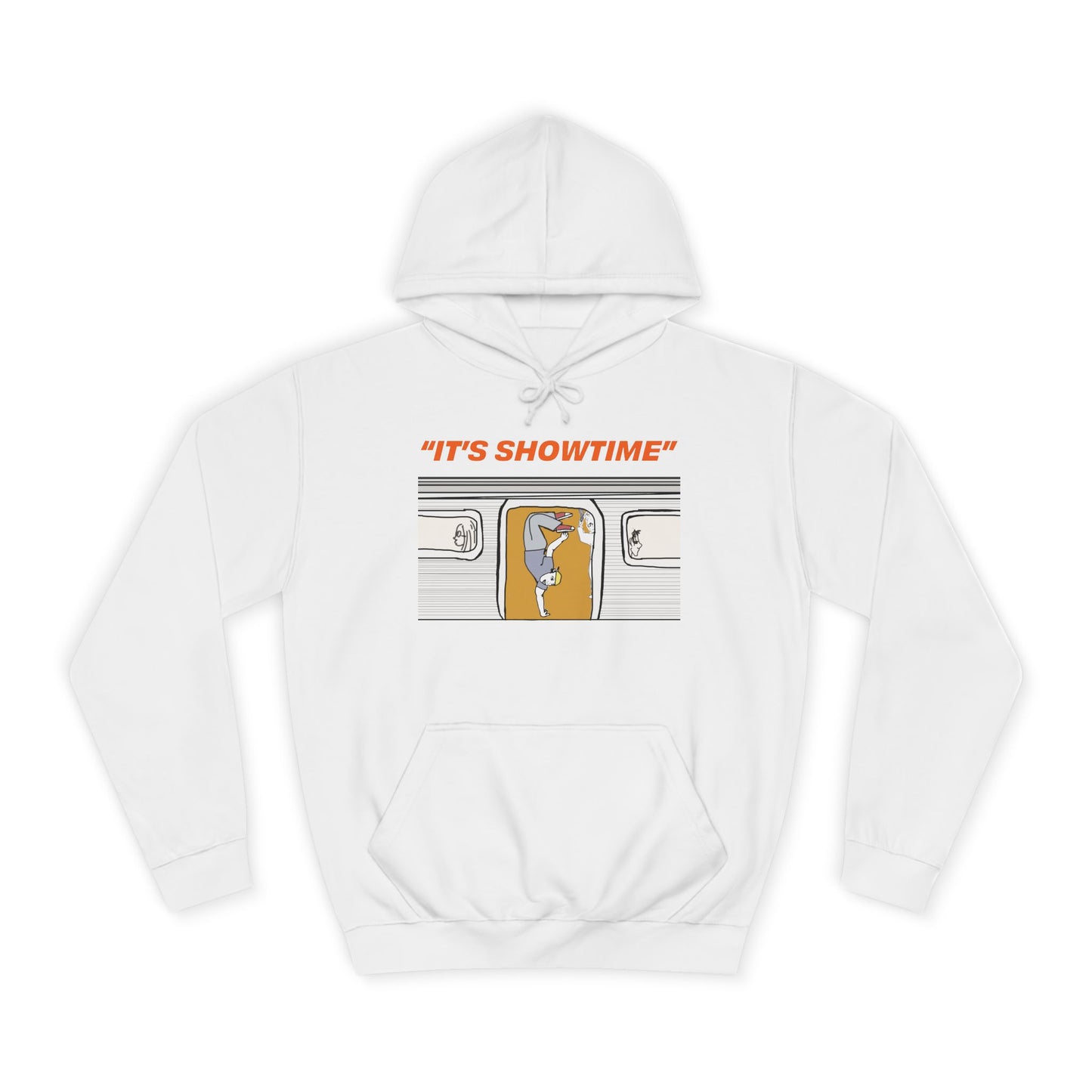 White It’s Showtime graphic hoodie with subway-inspired artwork on the front